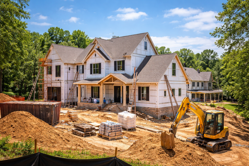 Custom home under construction in Atlanta showing framing, site work, and residential development