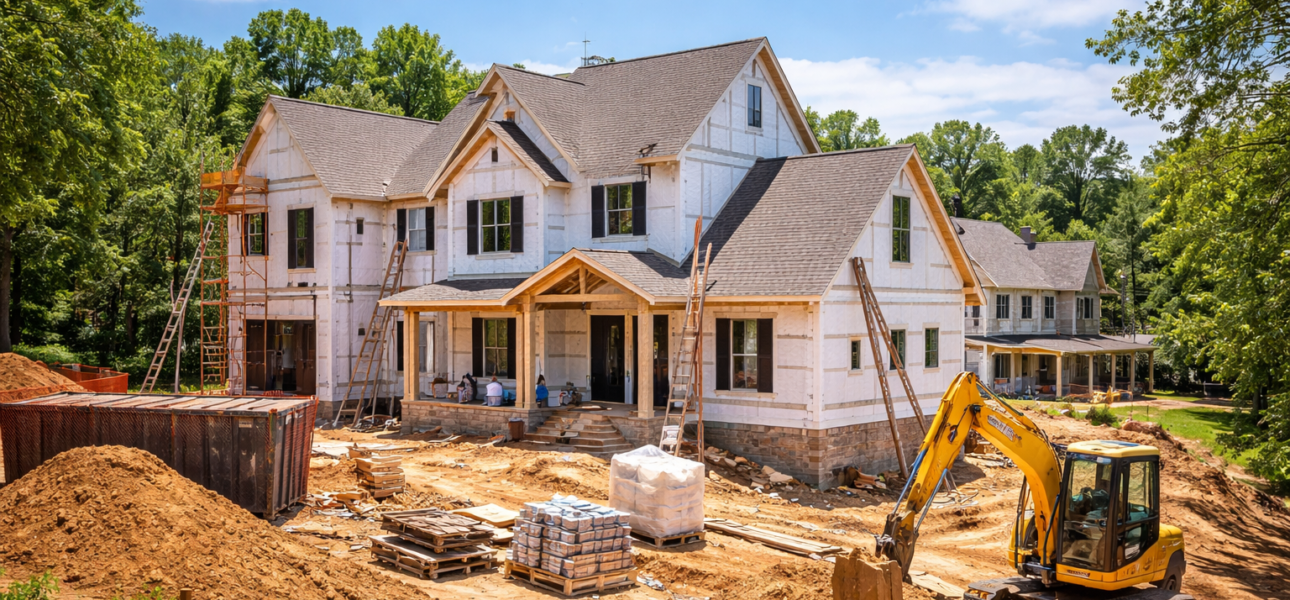 Custom home under construction in Atlanta showing framing, site work, and residential development