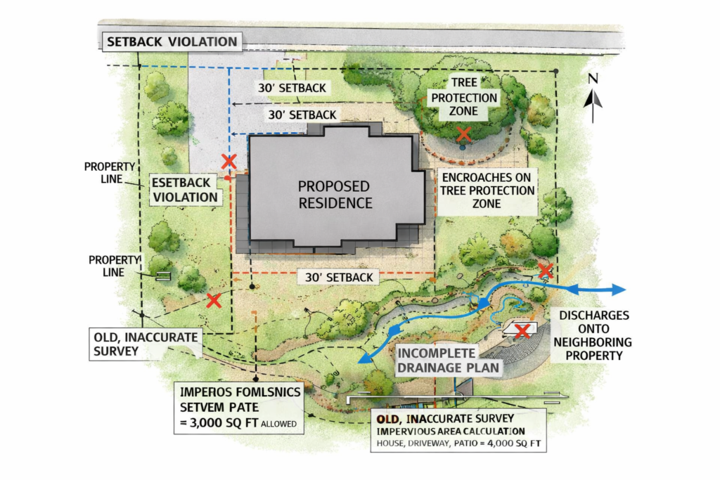 Site plan showing common zoning, drainage, and setback issues that delay new home construction in Atlanta