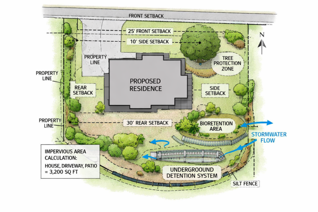Site plan showing setbacks, stormwater management, and building placement for new home construction in Atlanta