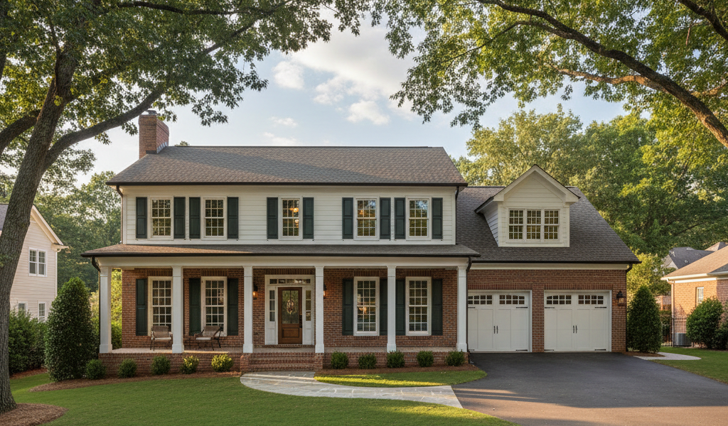 New custom home construction in Dunwoody GA - two-story colonial with brick exterior and three-car garage